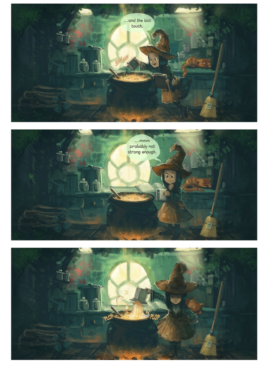 Pepper, a young witch, stirs a cauldron while her cat Carrot watches.