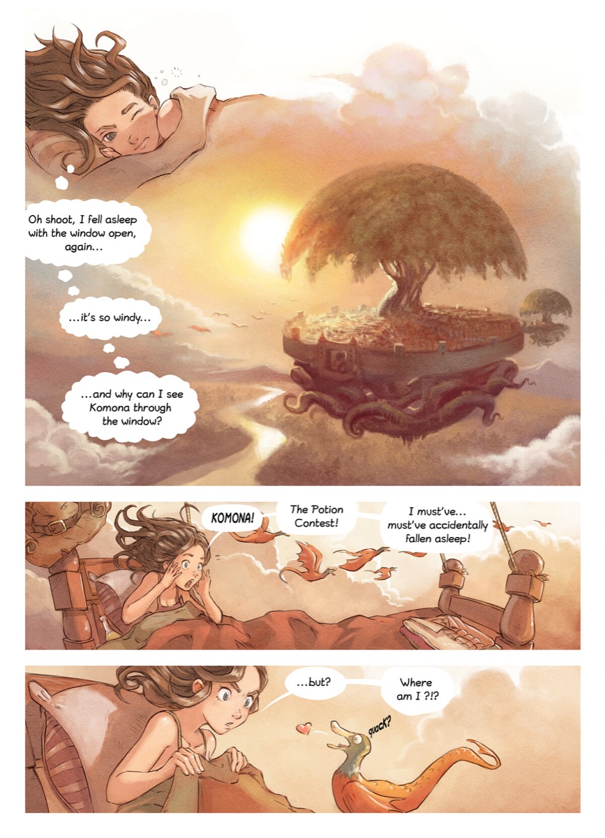 Pepper wakes up in a flying bed above the floating town of Komona.